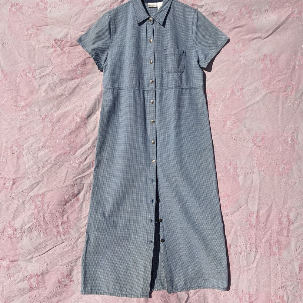 Vintage Gingham Maxi Shirt‎ Dress Large Blue Cotton Cottagecore Button Up Plaid